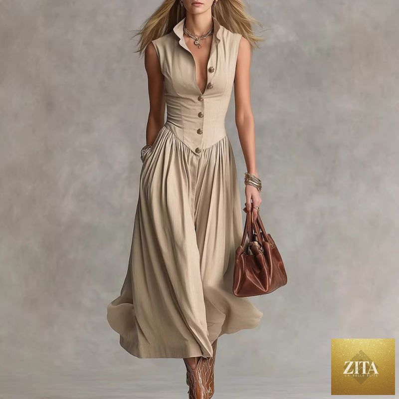 Women's sleeveless lapel collar maxi dress by Zita La Belle Elite, featuring a slim fit patchwork design for casualwear.