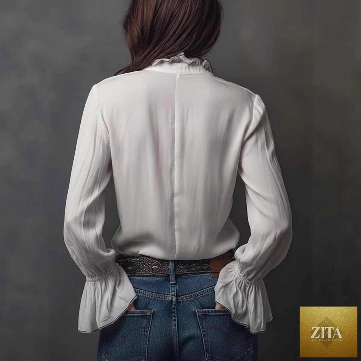 Women's ruffled sleeve resort shirt by FitiqueFit, casual long blouse with stretch fabric and stylish ruffled sleeve details.