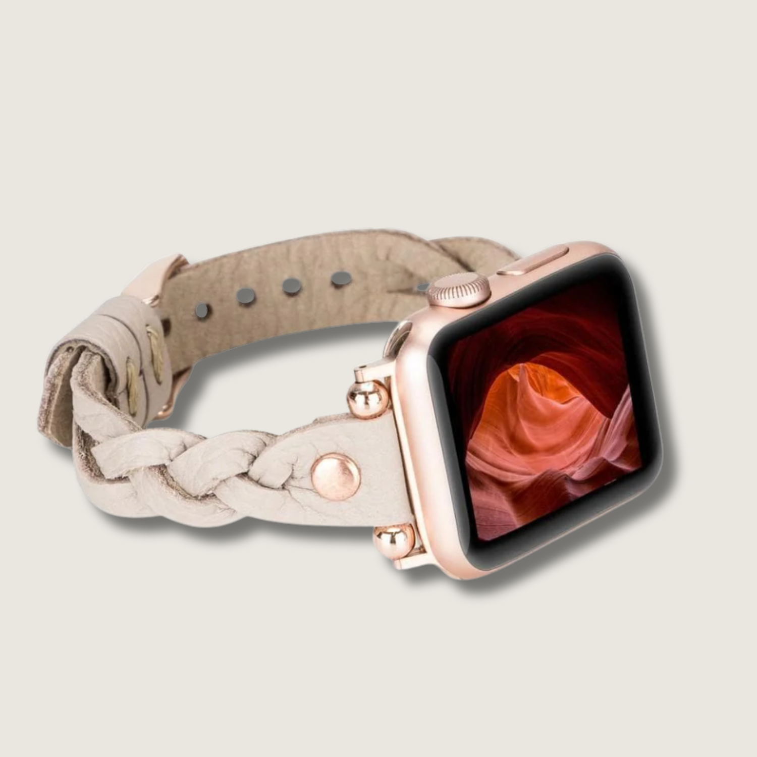 Light beige LEATHERE Apple Watch braided leather band for stylish and comfortable wear on your smartwatch.