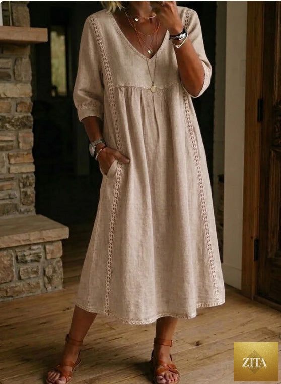 Women's linen cotton V-neck dress with lace trim in loose fit, available in seven colors, by Zita La Belle Elite.