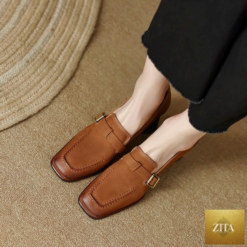 Women's retro British style chunky heel leather shoes by FitiqueFit, featuring round toe design and sturdy commuter sole.