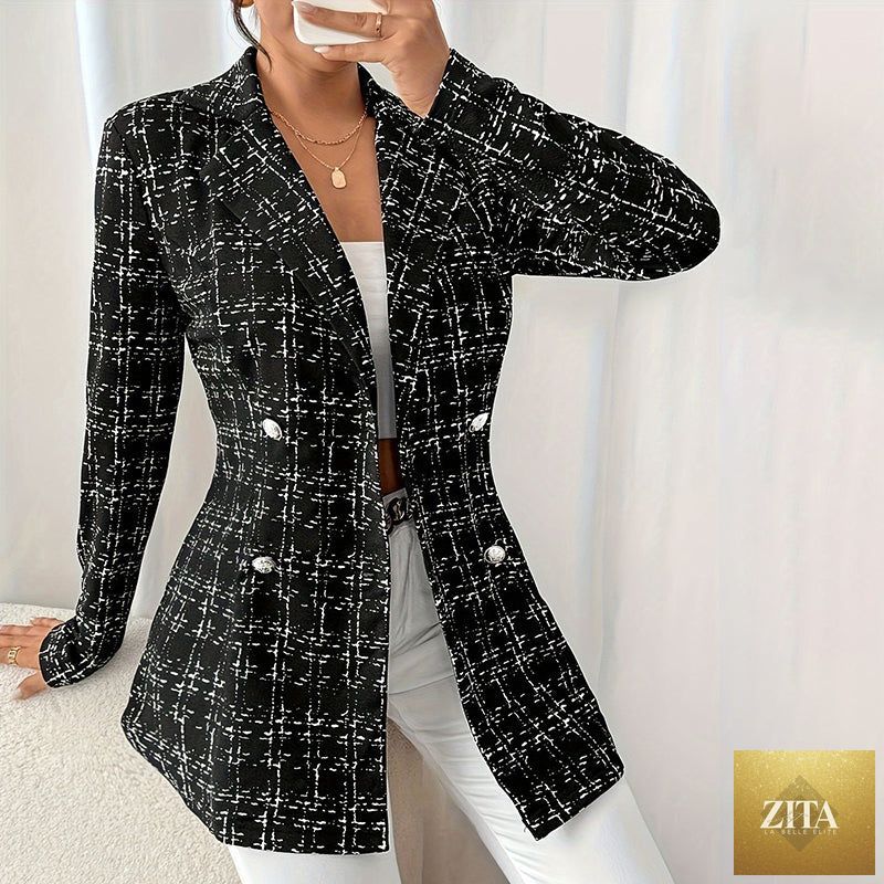 Women’s plaid double-breasted blazer by FitiqueFit, tailored jacket with classic check pattern, front buttons, and notch lapels.