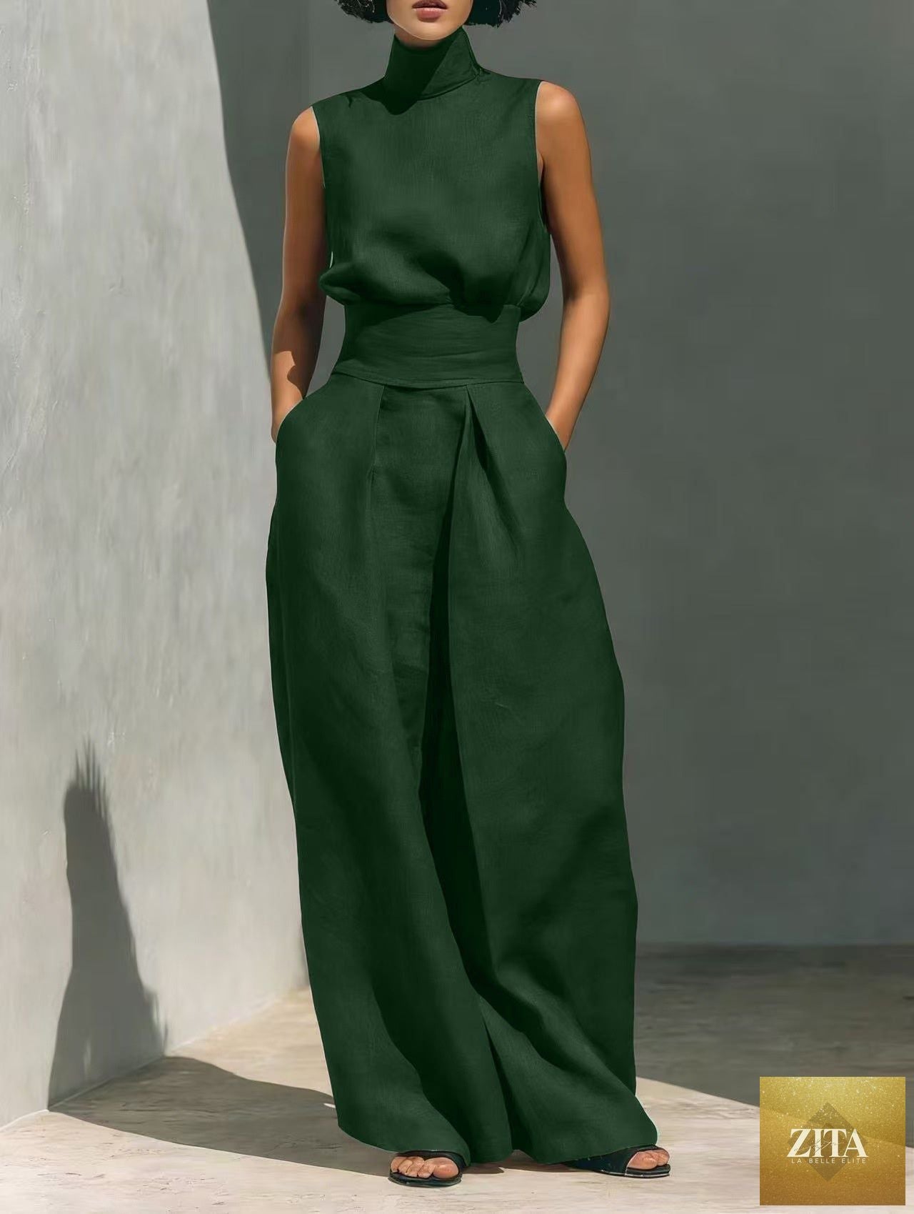 Women's linen-blend high-neck sleeveless top and wide-leg pants set by MERIDGE, displayed on a hanger against a neutral background.
