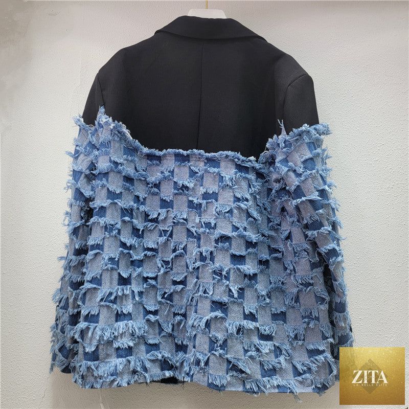 Stylish tassel denim patchwork blazer for women by Sell My Stuff, featuring mixed denim patches and decorative tassels.
