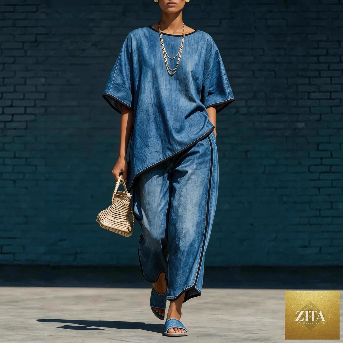 Zita La Belle Elite women's denim-style knit top and wide-leg pants set, casual 2-piece outfit, shown on model.
