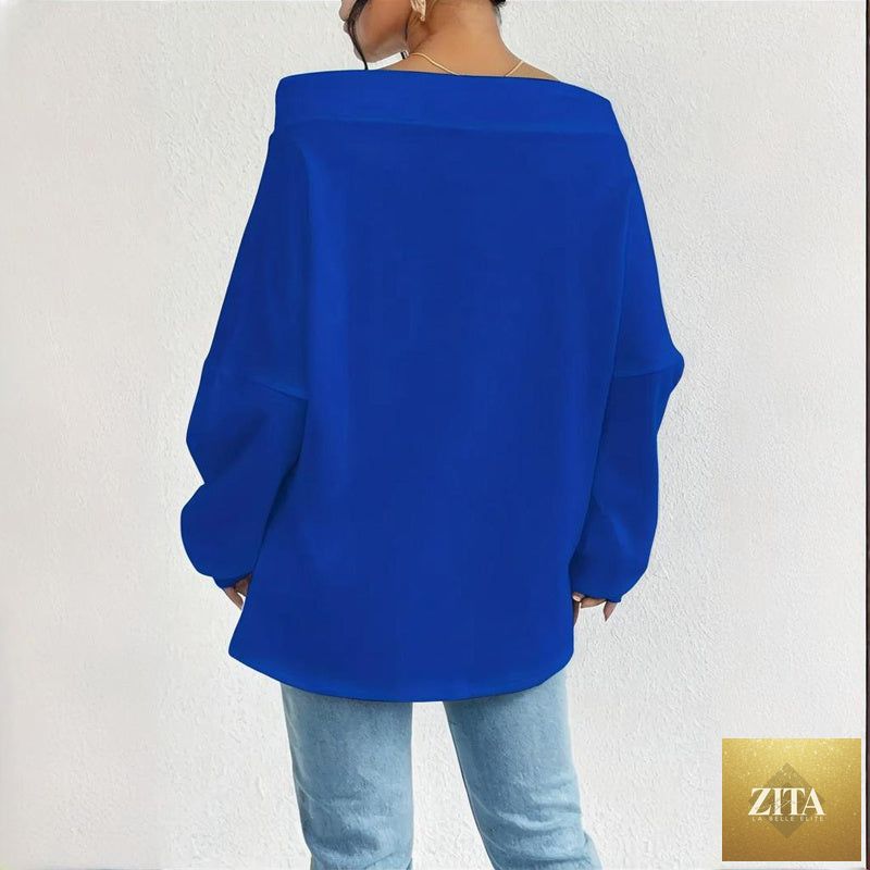 Plus size off shoulder pullover by Zita La Belle Elite, casual wear with a relaxed fit and off-shoulder design, displayed on a model.