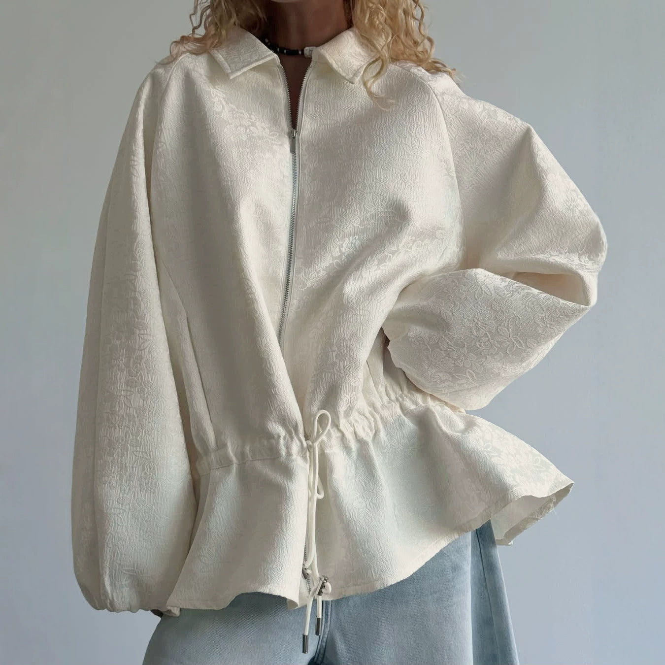 FitiqueFit long sleeve zip-up cropped jacket with turn-down collar, stylish and comfortable for casual wear.