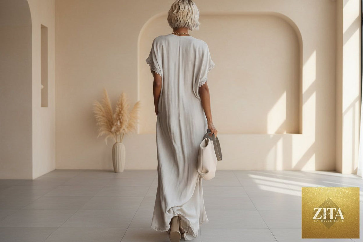 Lace-trimmed loose linen cotton long dress for women, casualwear by FitiqueFit, shown hanging with a relaxed fit and flowy design.