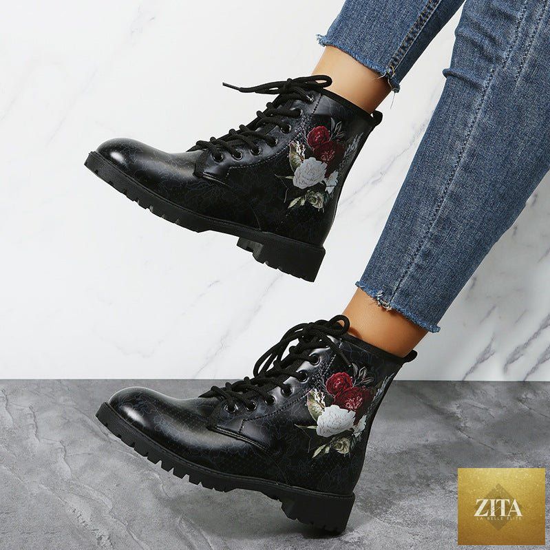 Mandotos women's high top workwear boots with large Halloween cartoon print, featuring colorful autumn-themed patterns and comfortable design.