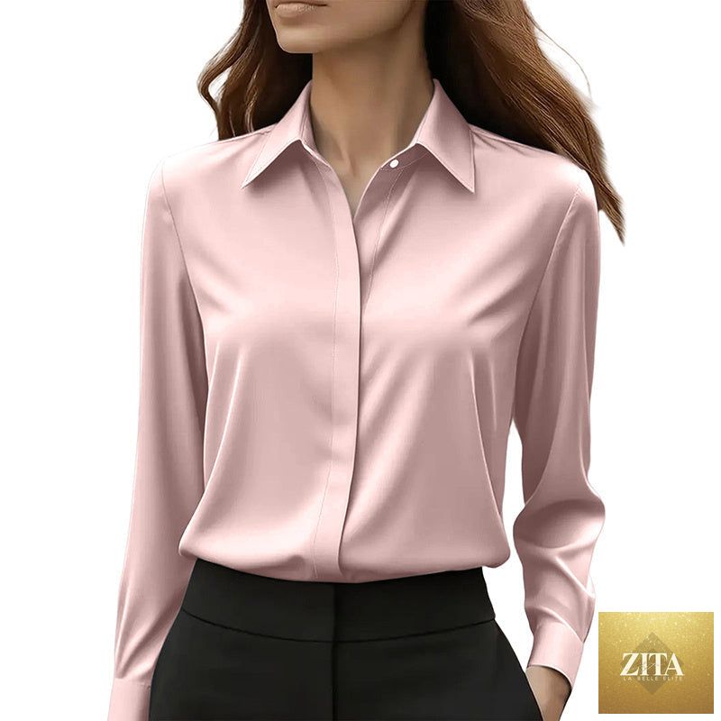 Loose fit satin blouse by FitiqueFit featuring a V-neck and long sleeves, perfect for office or casual wear.