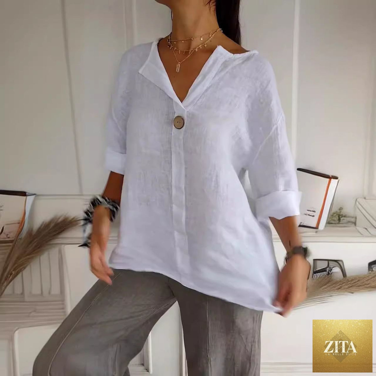 Women's V-neck long-sleeve button blouse by Zita La Belle Elite, loose fit casual top with relaxed style and soft fabric.
