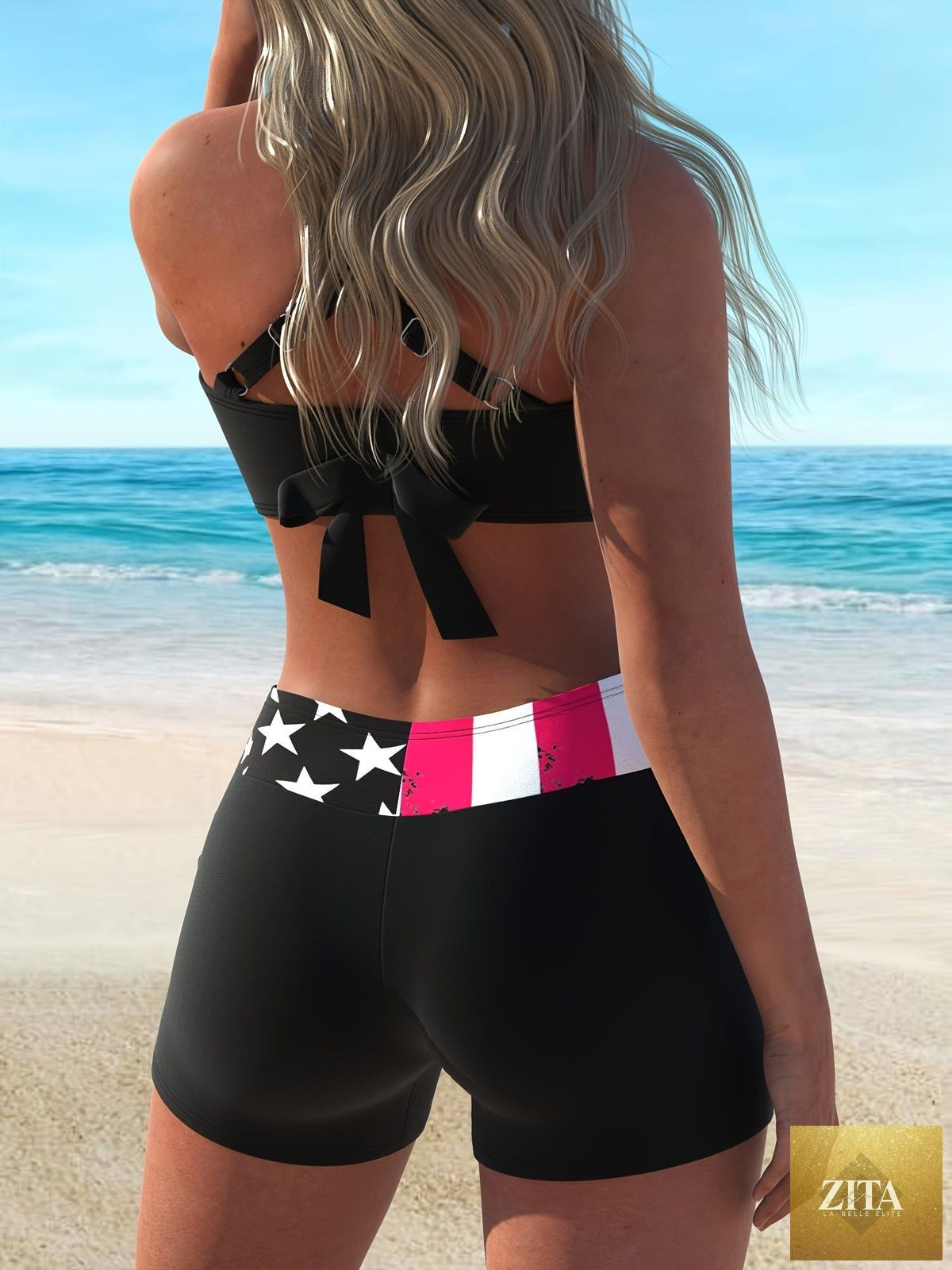 Stevvex American flag print bikini set with criss cross halter top, ring knot back, and boxer shorts bottoms for women.