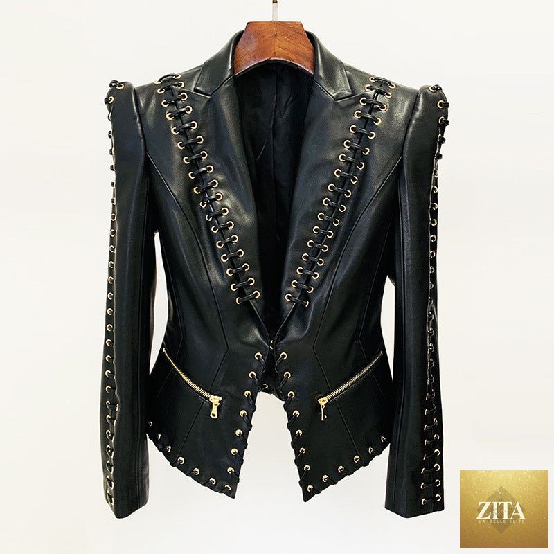 Slim-fit leather coat suit jacket with eyelet rope details, crafted for a fashion-forward heavy industry look.