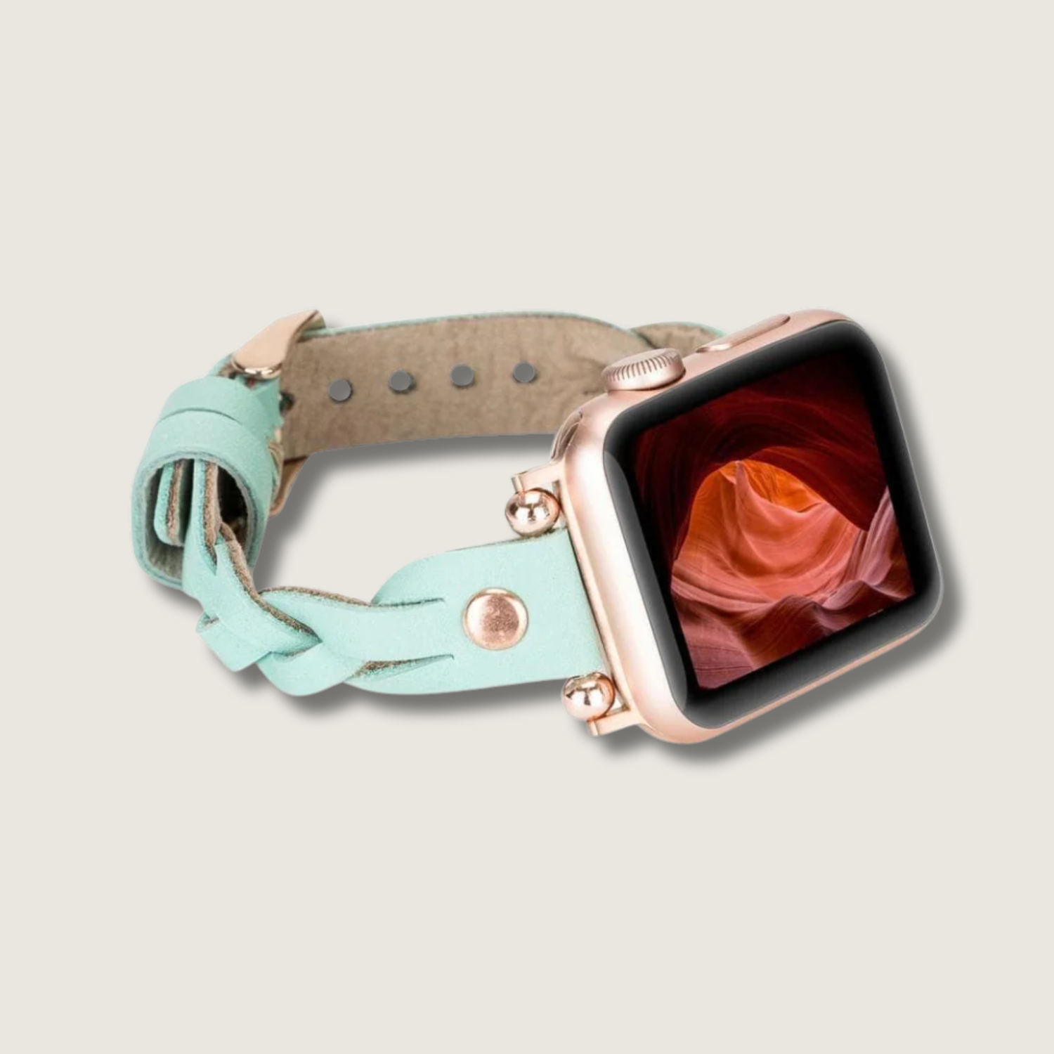 Leather Apple Watch band in mint green with braided leather design by LEATHERE, showcasing the stylish and textured band.