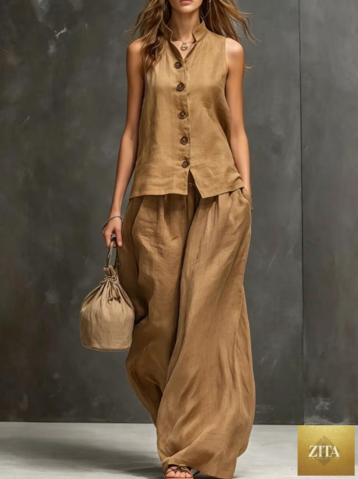 Women's sleeveless vest and wide-leg pants two-piece set by Zita La Belle Elite, featuring cotton linen fabric and casual style.