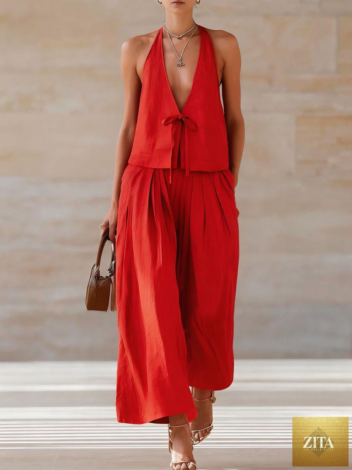 Zita La Belle Elite women's casual sleeveless vest and wide-leg pants set with lace-up details, stylish 2-piece outfit.