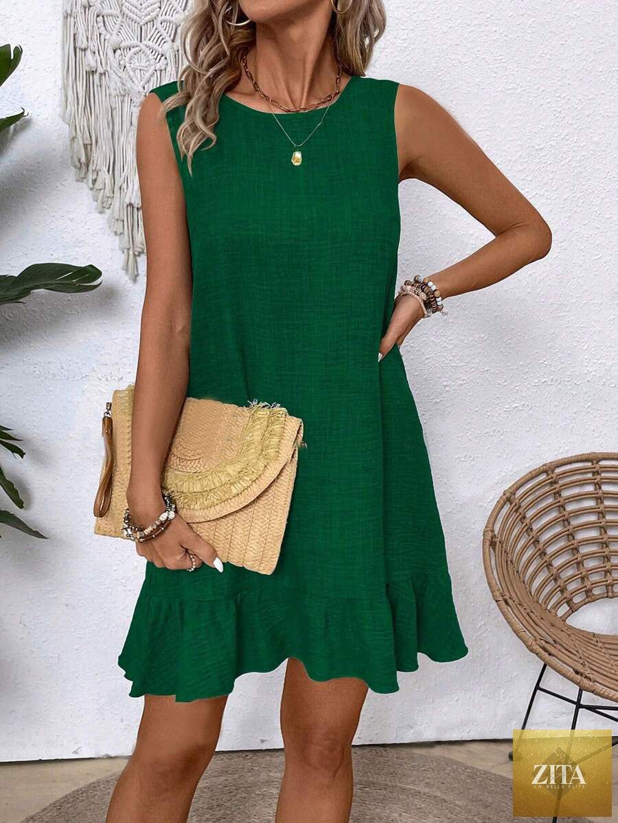 Women's ruffle lace-up mini dress by FitiqueFit with short sleeves, loose fit, perfect for beach or casual wear.