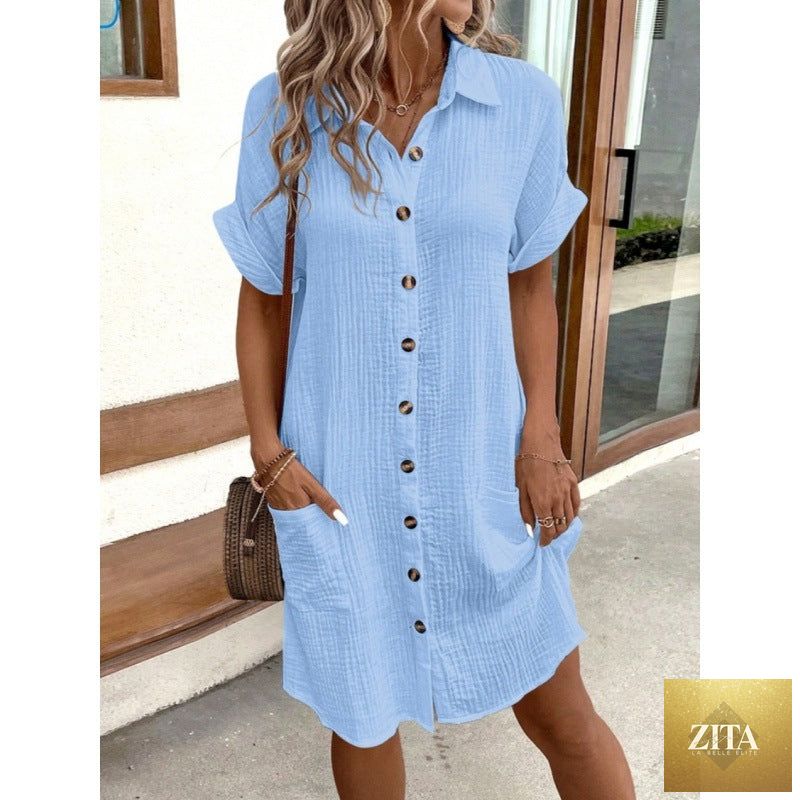 Zita La Belle Elite women's cotton linen shirt dress with V-neck, button-front, and A-line silhouette in a casual, airy style