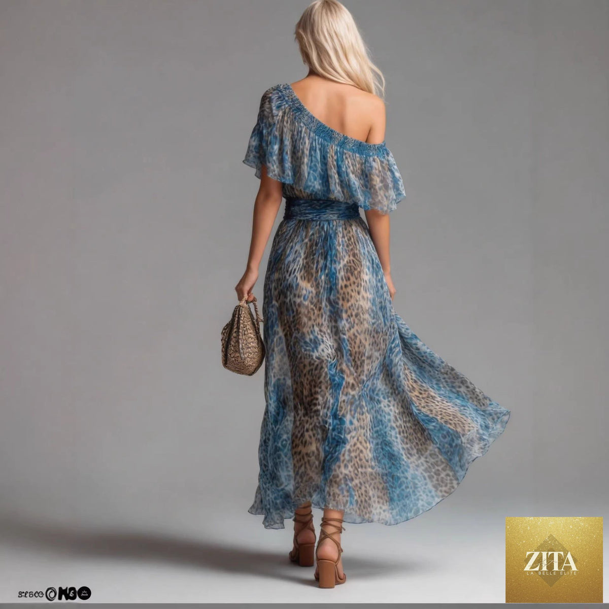 Peacock blue leopard print chiffon off-shoulder boho A-line dress, casualwear style with relaxed fit and vibrant pattern.