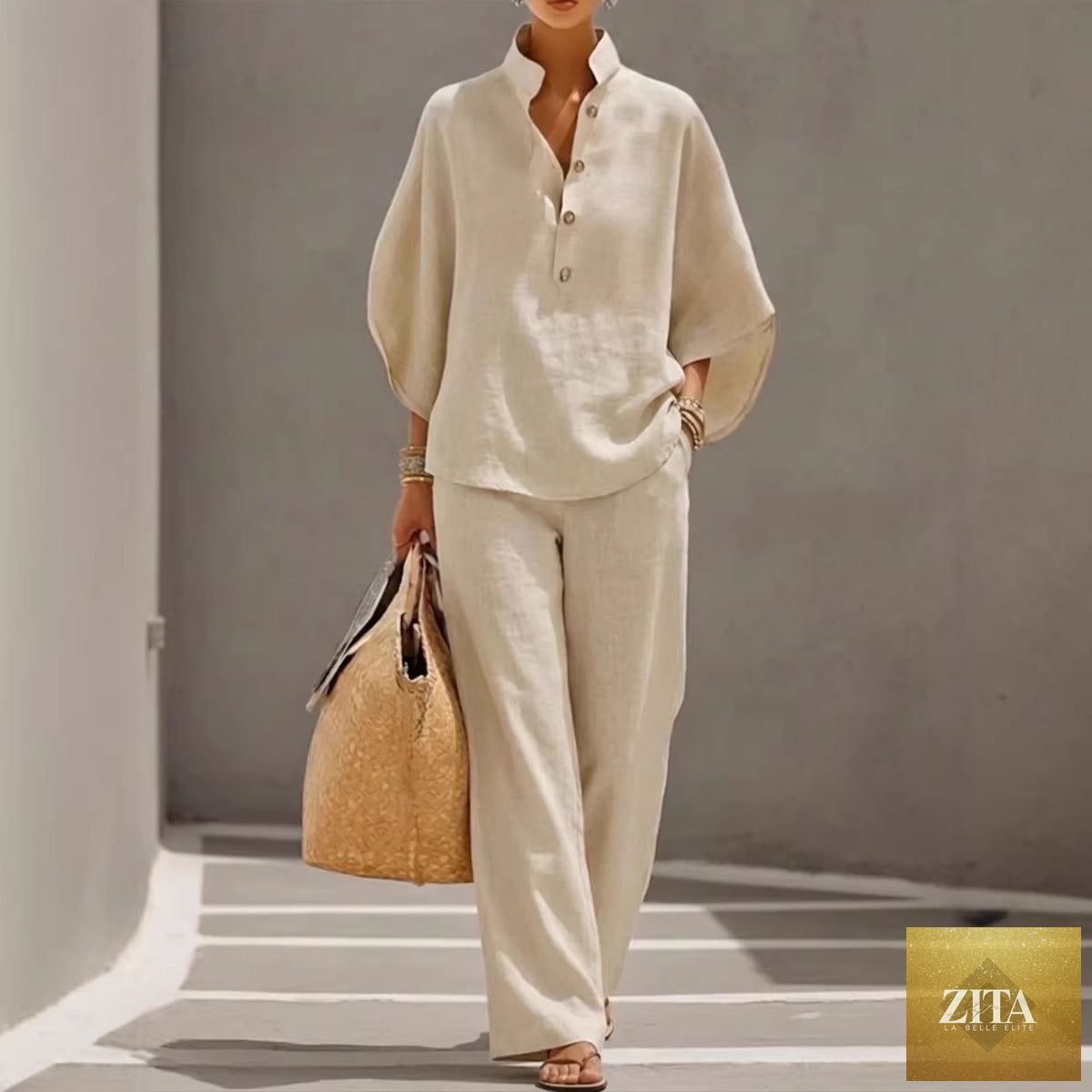 Women’s casual shirt and full-length pants set by Zita La Belle Elite, featuring a stylish, comfortable casualwear outfit.