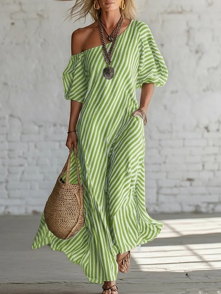 Women's striped off-shoulder elegant midi dress by FitiqueFit, featuring a stylish design suitable for casual or semi-formal occasions.