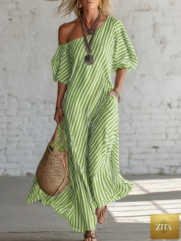 Women's striped off-shoulder midi dress by FitiqueFit, featuring elegant design and fitted silhouette, perfect for stylish occasions.