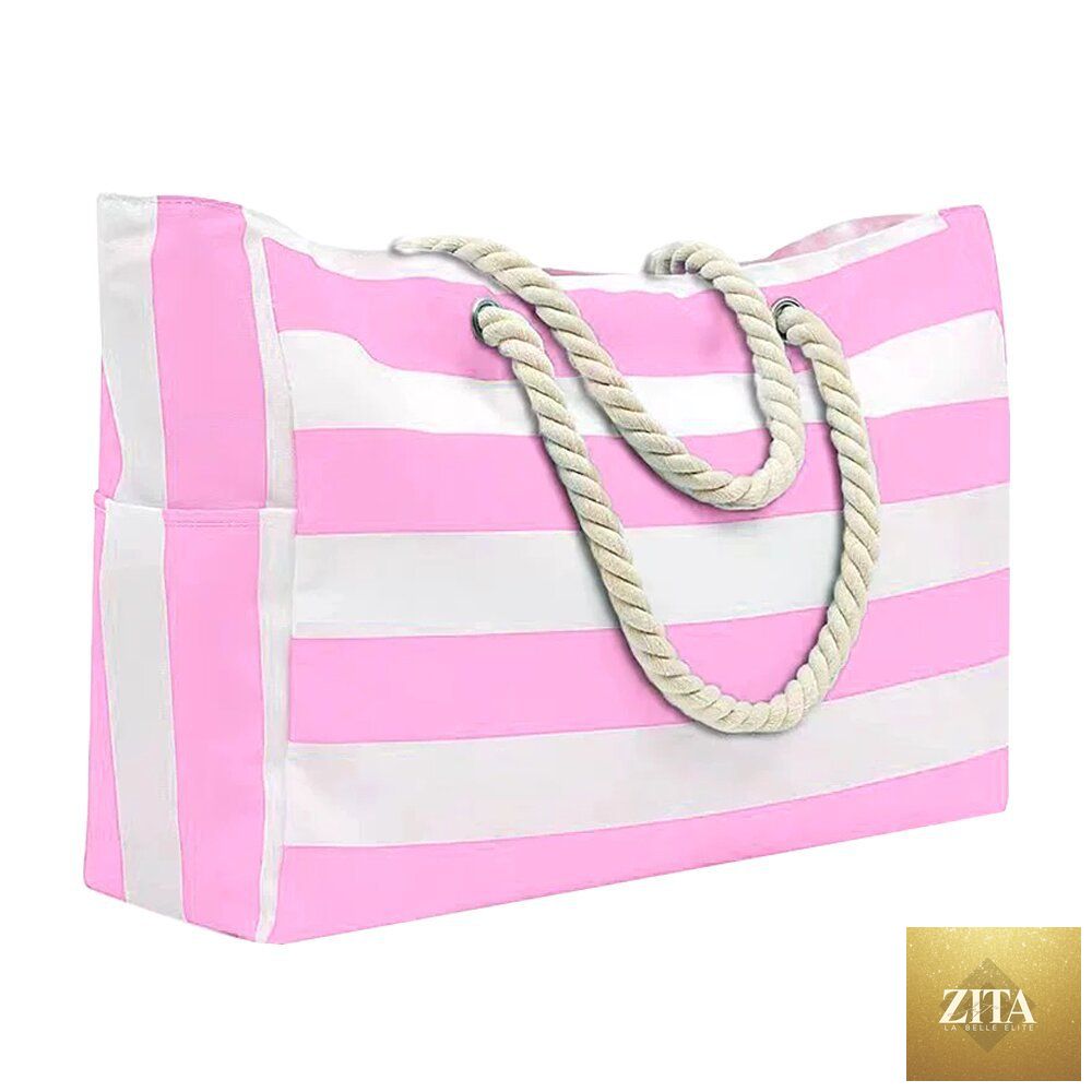 Embroidered striped beach bag with large capacity, featuring colorful patterns and sturdy handles for summer outings.