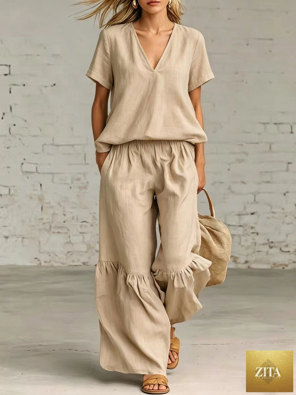 Zita La Belle Elite casualwear V-neck loose short-sleeve top and pants set in various colors, size S to 5XL, shown on model.