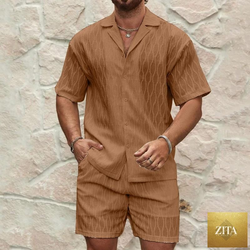 Mandotos men's summer tracksuit with lapel shirt and shorts, perfect as a relaxed beach holiday cover-up, casual and stylish.