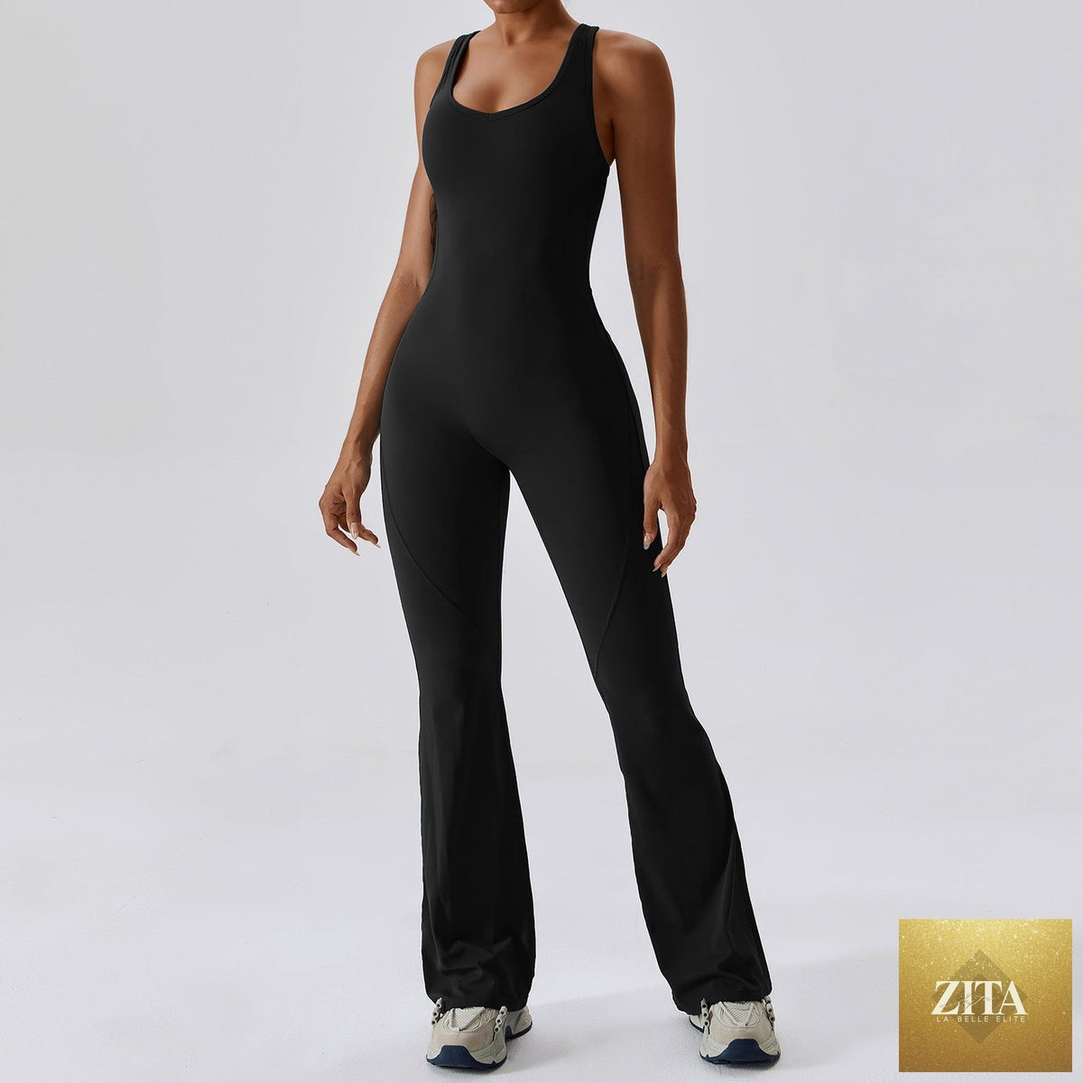 Women's sleeveless slim-fit long pants jumpsuit by FitiqueFit, casual sport style, featuring a sleek and comfortable design.