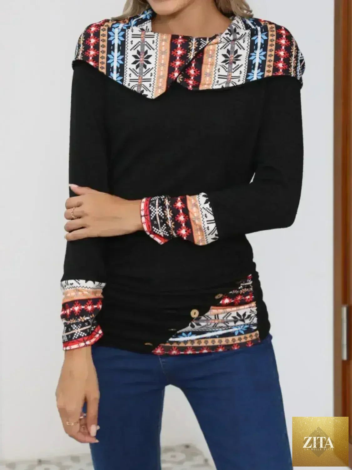 Printed collared neck long sleeve blouse for women by Femstylo, featuring a stylish design and comfortable fit.