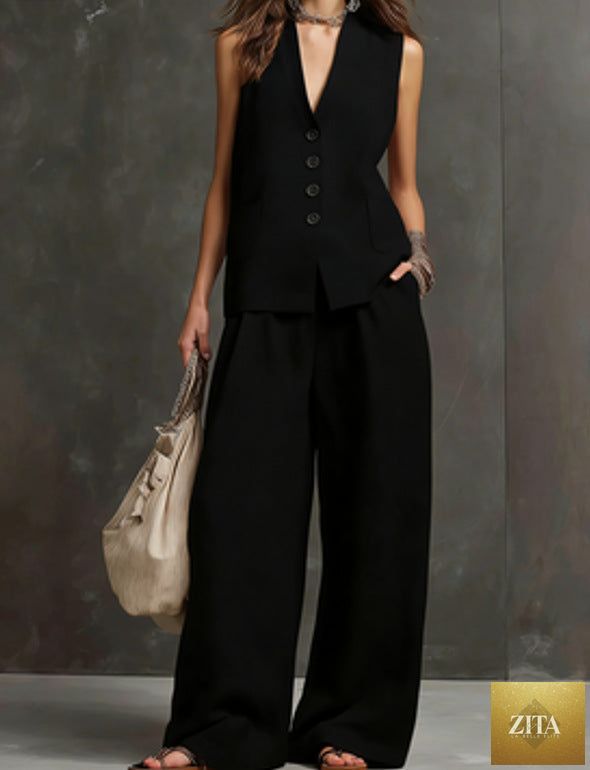 Women's linen sleeveless vest and wide-leg pants two-piece set by Zita La Belle Elite, featuring lightweight, breathable fabric.