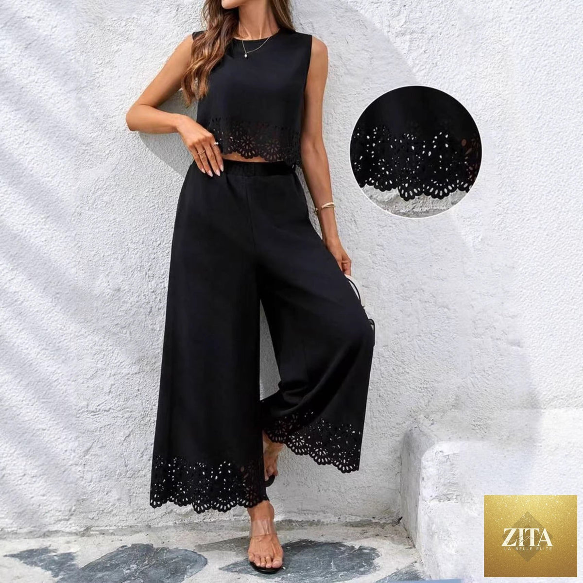 Women's resort-style hollow-out tank top and pants set by Zita La Belle Elite, featuring pockets and casual, breezy design.