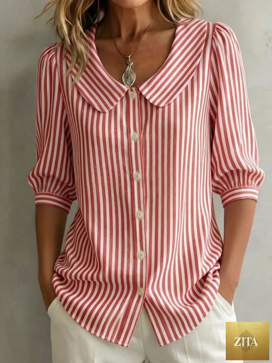 Zita La Belle Elite striped V-neck casual top with three-quarter sleeves, featuring a relaxed, stylish design for everyday wear.