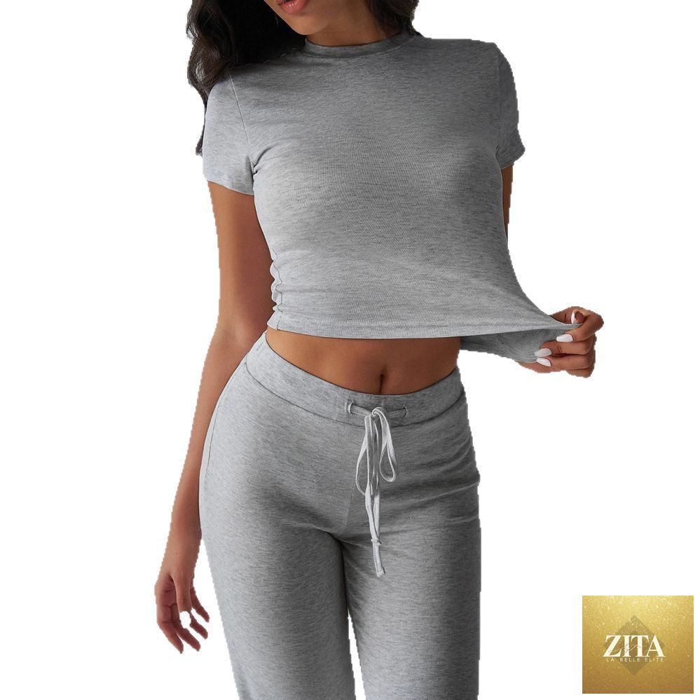 Zita La Belle Elite crew neck short sleeve top and full-length pants set in a solid color, shown in various color options.