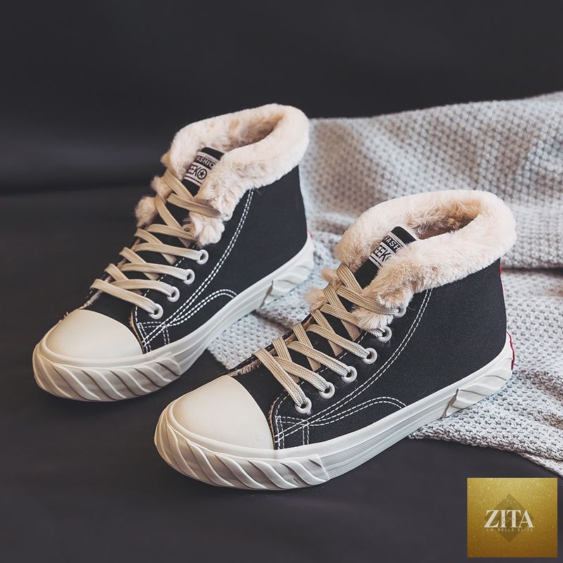 Women’s black winter sneakers by Zita La Belle Elite with thick flat soles, high-top velvet and canvas design.