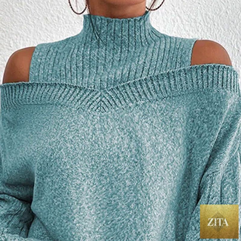 Women's cold shoulder sweater by FitiqueFit featuring a high neck, cut-out design, long sleeves, and casual pullover style.