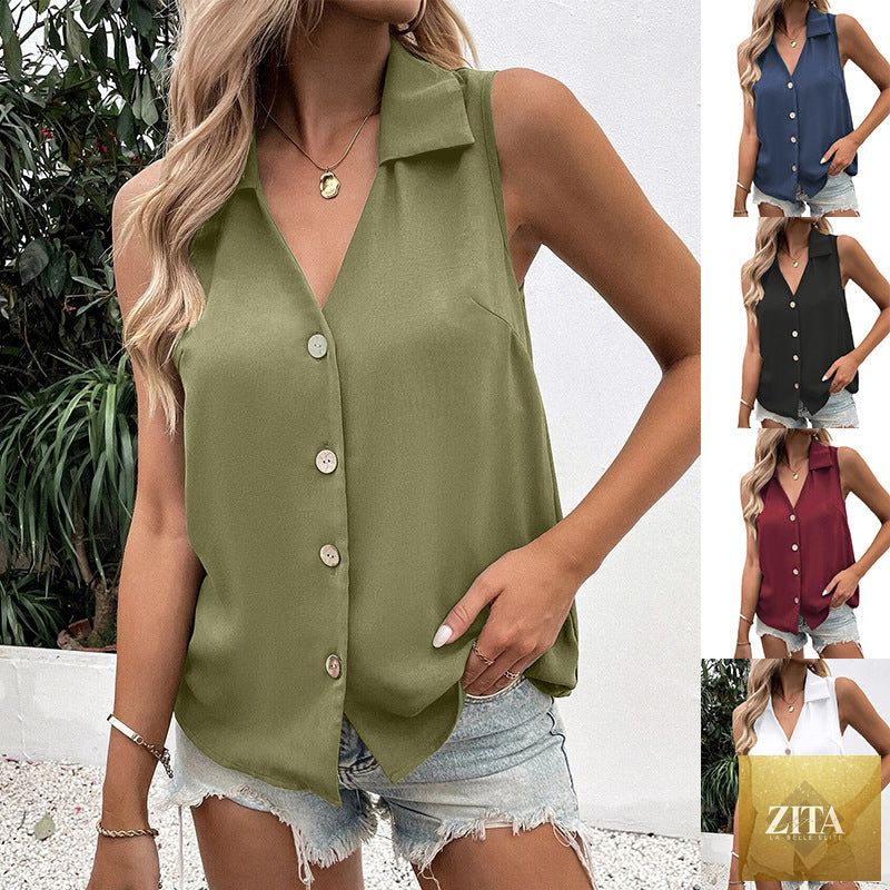 Women's solid-color sleeveless loose vest top with button detail, casualwear by Zita La Belle Elite, shown in natural fabric and fit.