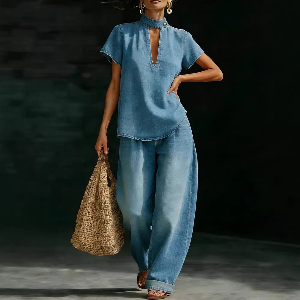 Faux Denim Two-Piece Set – Loose-Fit Short-Sleeve & Pants