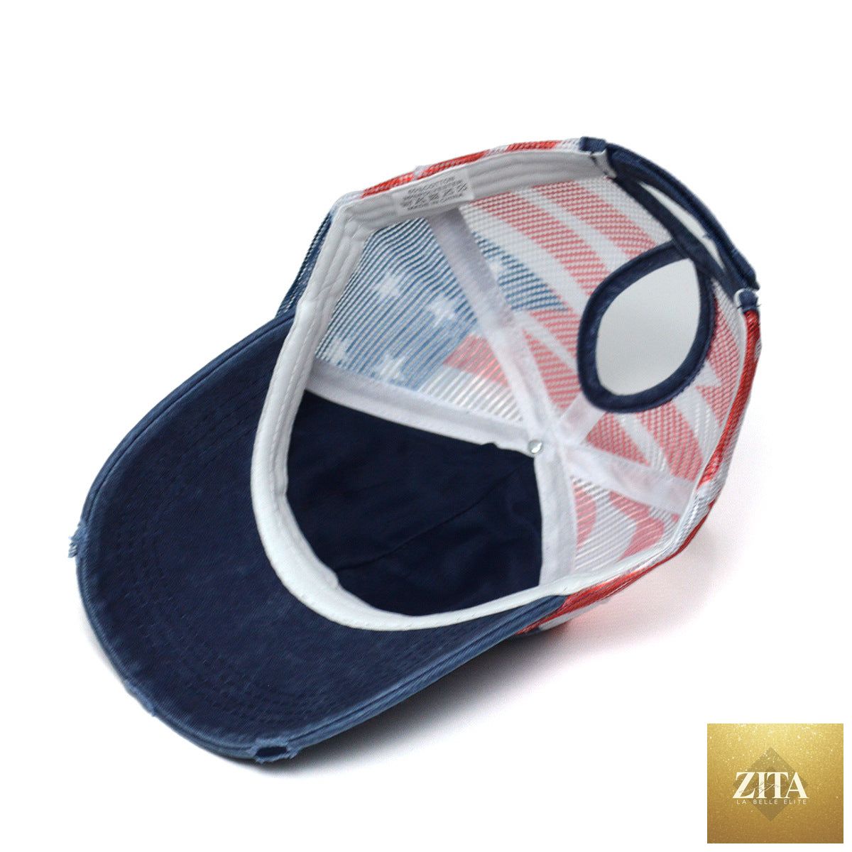 Women's embroidered baseball cap with ripped design and breathable polyester dome top by Zita La Belle Elite.