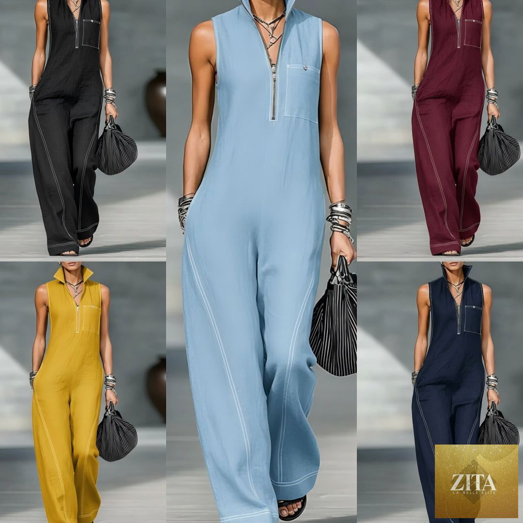 LadyShow summer sleeveless jumpsuit with stand-up collar, pockets, casual style, perfect for women's summer fashion and comfort.