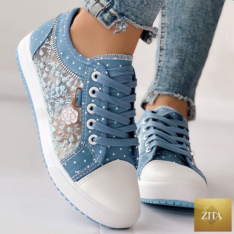 Women's floral embroidered polka dot print sneakers by FitiqueFit, casual canvas shoes with colorful floral embroidery.