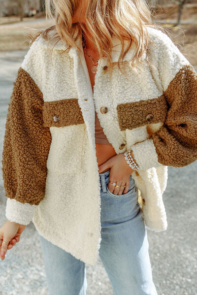 Women’s cute Sherpa jacket by Stevvex with button closure, collared neck, and retro style, shown in a cozy, textured fabric.