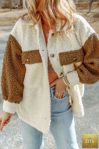 Women Stevvex cute sherpa jacket with button closure, collared neck, and retro style, shown in a cozy, stylish design.