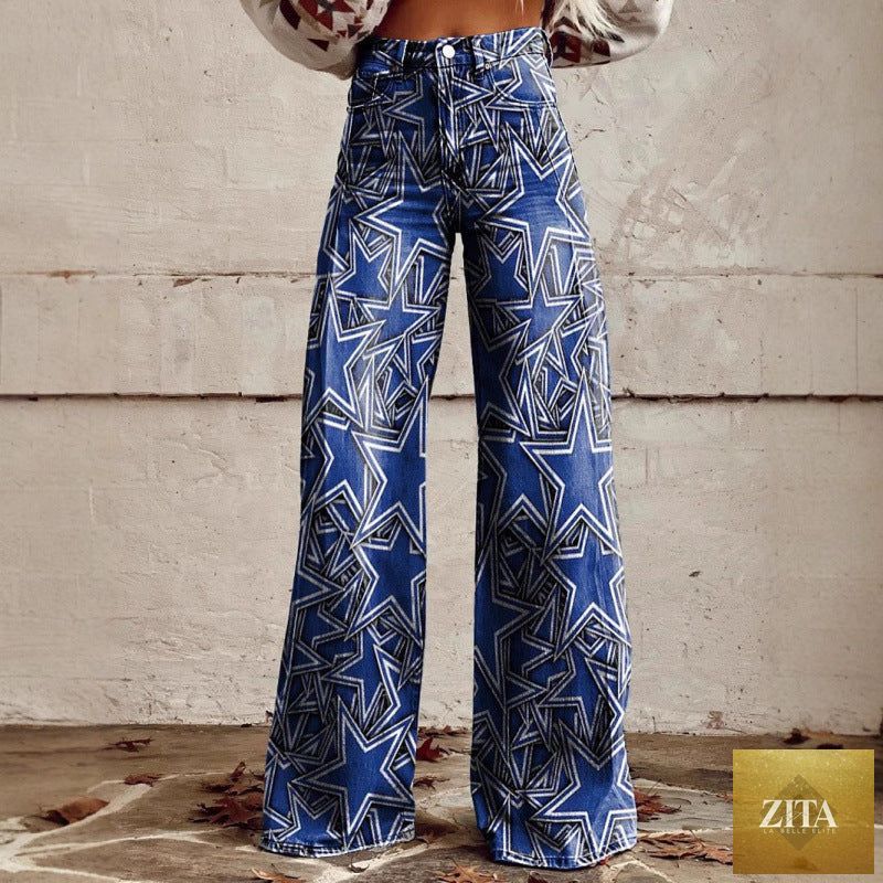 Women’s printed flare pants by Zita La Belle Elite, full-length casualwear, plus size, mid-waist with vibrant floral design.