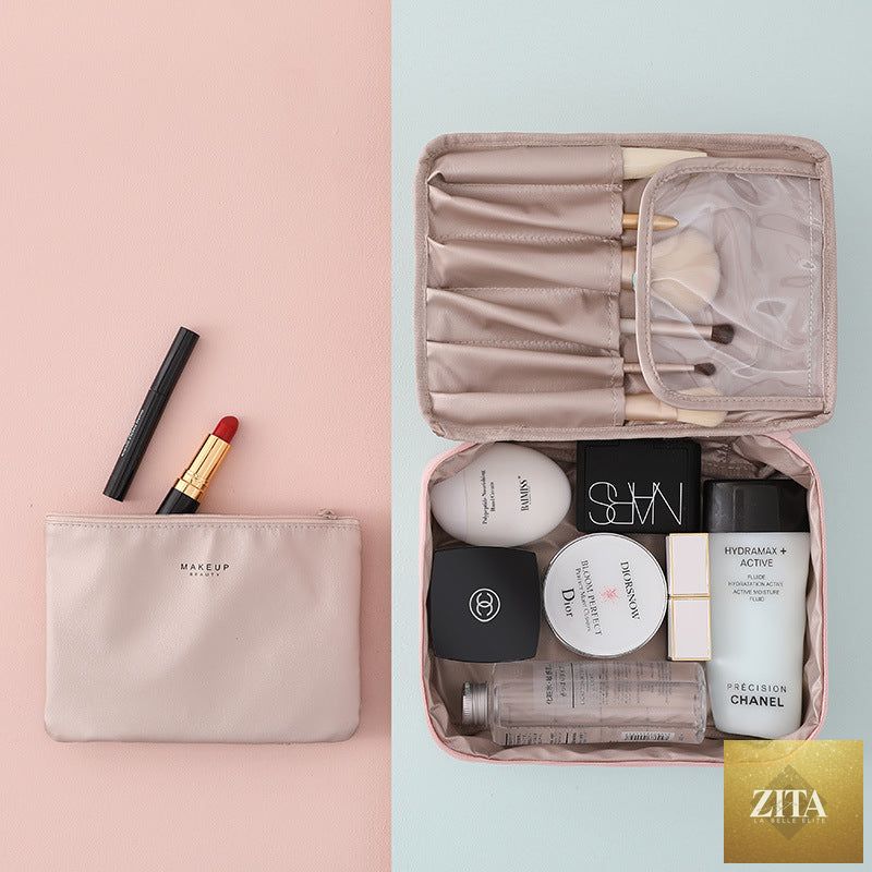 Travel cosmetic and toiletry organizer bag by Social Buzz eSIMs, with multiple compartments for toiletries and travel essentials.