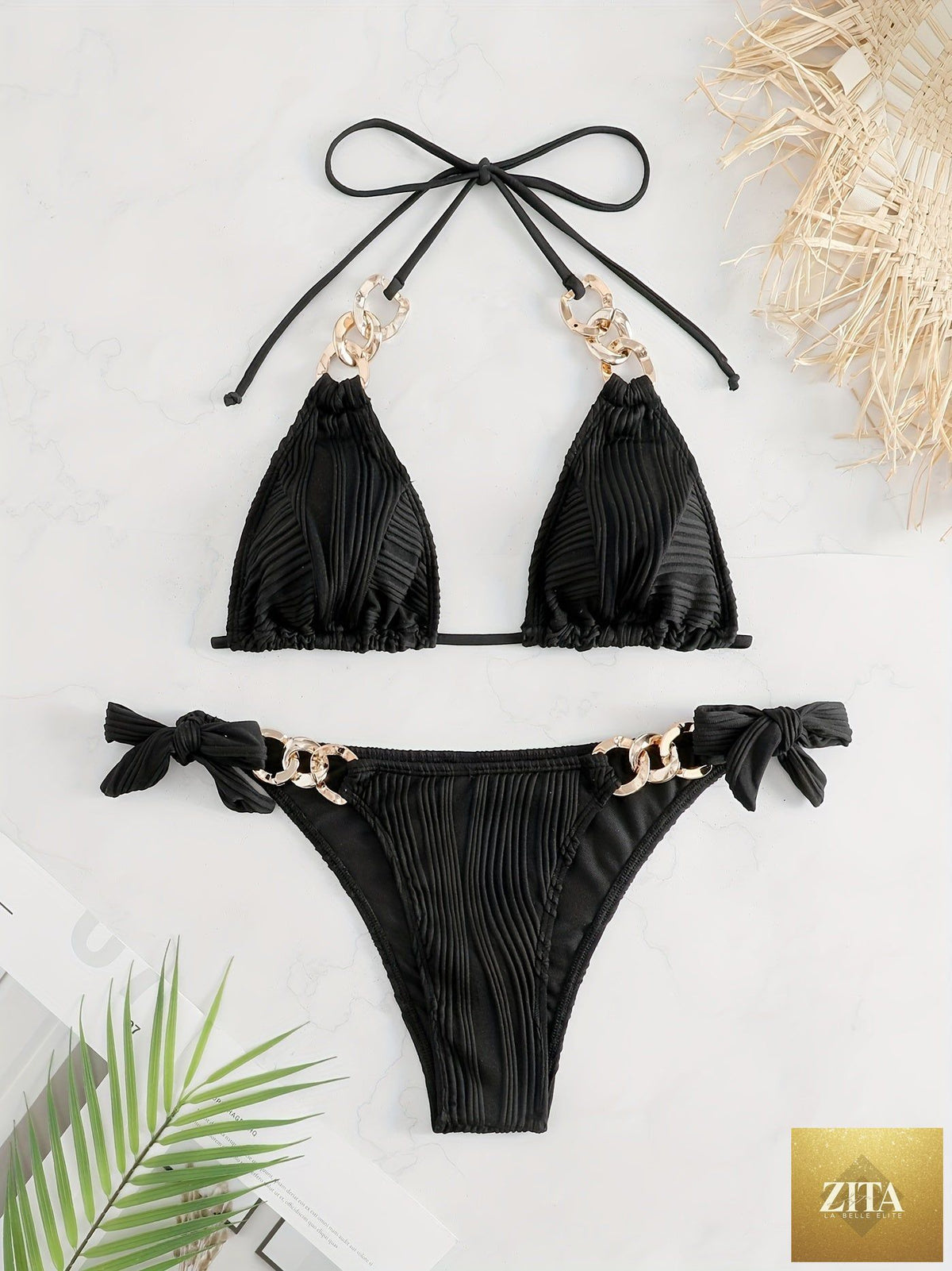 Striped gold chain bikini set with ruched texture, halter top, bow tie sides, and ring link detail, perfect for summer beach and pool.