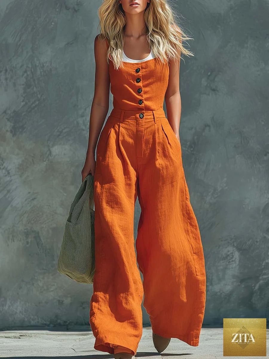 Women's retro button-front high-waist wide-leg jumpsuit by Zita La Belle Elite, casualwear style with a relaxed fit.