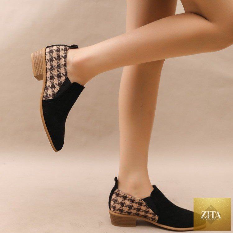 Women's retro color-block slip-on heels by FitiqueFit, round toe mid-heel dress shoes with vibrant color accents.