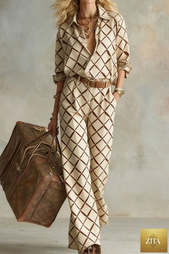 Women's casual vertical stripe collared long-sleeve shirt and wide-leg pants set by Zita La Belle Elite, shown in a relaxed fit.